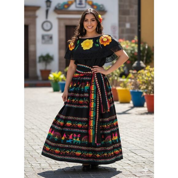 Mexican 3 piece set Blouse Cambaya skirt elastic waist and belt or mini rebozo - Picture 9 of 13